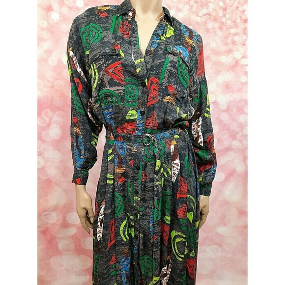Vintage 80s African Tribal Print Belted Shirt Dress Size S Midi With Pockets - Picture 3 of 12